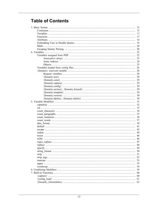 Table of Contents
3. Basic Syntax ................................................................................................................      15
     Comments ...............................................................................................................         15
     Variables .................................................................................................................      17
     Functions .................................................................................................................      17
     Attributes ................................................................................................................      18
     Embedding Vars in Double Quotes ..............................................................................                   19
     Math .......................................................................................................................     20
     Escaping Smarty Parsing ............................................................................................             20
4. Variables .....................................................................................................................    22
     Variables assigned from PHP ......................................................................................               22
            Associative arrays .............................................................................................          23
            Array indexes ...................................................................................................         24
            Objects ............................................................................................................      25
     Variables loaded from config files ...............................................................................               26
     {$smarty} reserved variable ........................................................................................             28
            Request variables ..............................................................................................          28
            {$smarty.now} .................................................................................................           29
            {$smarty.const} ................................................................................................          29
            {$smarty.capture} .............................................................................................           29
            {$smarty.config} ...............................................................................................          29
            {$smarty.section}, {$smarty.foreach} ...................................................................                  29
            {$smarty.template} ............................................................................................           29
            {$smarty.version} .............................................................................................           30
            {$smarty.ldelim}, {$smarty.rdelim} .....................................................................                  30
5. Variable Modifiers ........................................................................................................        31
     capitalize .................................................................................................................     32
     cat ..........................................................................................................................   33
     count_characters .......................................................................................................         34
     count_paragraphs ......................................................................................................          35
     count_sentences ........................................................................................................         36
     count_words .............................................................................................................        37
     date_format ..............................................................................................................       38
     default ....................................................................................................................     41
     escape .....................................................................................................................     42
     indent .....................................................................................................................     44
     lower ......................................................................................................................     46
     nl2br .......................................................................................................................    46
     regex_replace ...........................................................................................................        47
     replace ....................................................................................................................     48
     spacify ....................................................................................................................     49
     string_format ............................................................................................................       50
     strip ........................................................................................................................   51
     strip_tags .................................................................................................................     52
     truncate ...................................................................................................................     53
     upper ......................................................................................................................     55
     wordwrap ................................................................................................................        56
6. Combining Modifiers .....................................................................................................          59
7. Built-in Functions .........................................................................................................       60
     {capture} .................................................................................................................      60
     {config_load} ...........................................................................................................        61
     {foreach},{foreachelse} .............................................................................................            63




                                                          13
 