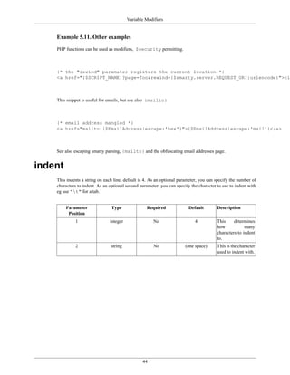 Variable Modifiers


    Example 5.11. Other examples

    PHP functions can be used as modifiers, $security permitting.



    {* the "rewind" paramater registers the current location *}
    <a href="{$SCRIPT_NAME}?page=foo&rewind={$smarty.server.REQUEST_URI|urlencode}">cli



    This snippet is useful for emails, but see also {mailto}



    {* email address mangled *}
    <a href="mailto:{$EmailAddress|escape:'hex'}">{$EmailAddress|escape:'mail'}</a>



    See also escaping smarty parsing, {mailto} and the obfuscating email addresses page.


indent
    This indents a string on each line, default is 4. As an optional parameter, you can specify the number of
    characters to indent. As an optional second parameter, you can specify the character to use to indent with
    eg use "t" for a tab.


         Parameter               Type              Required               Default        Description
          Position
             1                  integer                No                    4           This     determines
                                                                                         how            many
                                                                                         characters to indent
                                                                                         to.
             2                  string                 No               (one space)      This is the character
                                                                                         used to indent with.




                                                 44
 