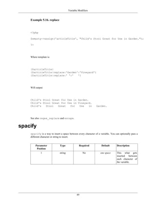 Variable Modifiers


    Example 5.16. replace



    <?php

    $smarty->assign('articleTitle', "Child's Stool Great for Use in Garden.");

    ?>



    Where template is:



    {$articleTitle}
    {$articleTitle|replace:'Garden':'Vineyard'}
    {$articleTitle|replace:' ':'   '}



    Will output:



    Child's Stool Great for Use in Garden.
    Child's Stool Great for Use in Vineyard.
    Child's   Stool   Great   for   Use    in                   Garden.



    See also regex_replace and escape.


spacify
    spacify is a way to insert a space between every character of a variable. You can optionally pass a
    different character or string to insert.


         Parameter             Type              Required            Default       Description
          Position
             1                 string                No             one space      This what gets
                                                                                   inserted between
                                                                                   each character of
                                                                                   the variable.




                                               49
 