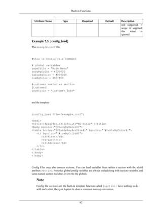 Built-in Functions


  Attribute Name            Type               Required             Default        Description
                                                                                   still supported. If
                                                                                   scope is supplied,
                                                                                   this    value    is
                                                                                   ignored.

Example 7.3. {config_load}
The example.conf file.



#this is config file comment

# global variables
pageTitle = "Main Menu"
bodyBgColor = #000000
tableBgColor = #000000
rowBgColor = #00ff00

#customer variables section
[Customer]
pageTitle = "Customer Info"



and the template



{config_load file="example.conf"}

<html>
<title>{#pageTitle#|default:"No title"}</title>
<body bgcolor="{#bodyBgColor#}">
<table border="{#tableBorderSize#}" bgcolor="{#tableBgColor#}">
   <tr bgcolor="{#rowBgColor#}">
       <td>First</td>
       <td>Last</td>
       <td>Address</td>
   </tr>
</table>
</body>
</html>



Config Files may also contain sections. You can load variables from within a section with the added
attribute section. Note that global config variables are always loaded along with section variables, and
same-named section variables overwrite the globals.

    Note
    Config file sections and the built-in template function called {section} have nothing to do
    with each other, they just happen to share a common naming convention.




                                            62
 