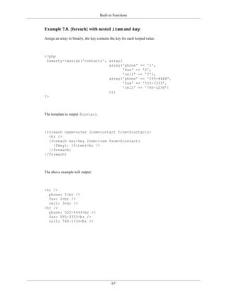 Built-in Functions


Example 7.8. {foreach} with nested item and key

Assign an array to Smarty, the key contains the key for each looped value.



<?php
 $smarty->assign('contacts', array(
                             array('phone' => '1',
                                    'fax' => '2',
                                    'cell' => '3'),
                             array('phone' => '555-4444',
                                    'fax' => '555-3333',
                                    'cell' => '760-1234')
                             ));
?>



The template to output $contact.



{foreach name=outer item=contact from=$contacts}
  <hr />
  {foreach key=key item=item from=$contact}
    {$key}: {$item}<br />
  {/foreach}
{/foreach}



The above example will output:



<hr />
  phone: 1<br />
  fax: 2<br />
  cell: 3<br />
<hr />
  phone: 555-4444<br />
  fax: 555-3333<br />
  cell: 760-1234<br />




                                             67
 