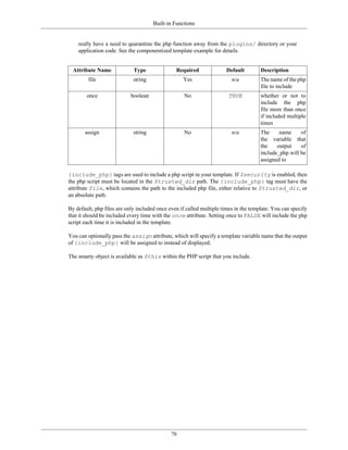Built-in Functions


    really have a need to quarantine the php function away from the plugins/ directory or your
    application code. See the componentized template example for details.


  Attribute Name             Type               Required              Default         Description
         file                string                Yes                   n/a          The name of the php
                                                                                      file to include
        once                boolean                No                  TRUE           whether or not to
                                                                                      include the php
                                                                                      file more than once
                                                                                      if included multiple
                                                                                      times
       assign                string                No                    n/a          The     name     of
                                                                                      the variable that
                                                                                      the    output    of
                                                                                      include_php will be
                                                                                      assigned to

{include_php} tags are used to include a php script in your template. If $security is enabled, then
the php script must be located in the $trusted_dir path. The {include_php} tag must have the
attribute file, which contains the path to the included php file, either relative to $trusted_dir, or
an absolute path.

By default, php files are only included once even if called multiple times in the template. You can specify
that it should be included every time with the once attribute. Setting once to FALSE will include the php
script each time it is included in the template.

You can optionally pass the assign attribute, which will specify a template variable name that the output
of {include_php} will be assigned to instead of displayed.

The smarty object is available as $this within the PHP script that you include.




                                              76
 