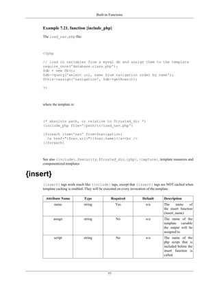Built-in Functions


     Example 7.21. function {include_php}
     The load_nav.php file:



     <?php

     // load in variables from a mysql db and assign them to the template
     require_once('database.class.php');
     $db = new Db();
     $db->query('select url, name from navigation order by name');
     $this->assign('navigation', $db->getRows());

     ?>



     where the template is:



     {* absolute path, or relative to $trusted_dir *}
     {include_php file='/path/to/load_nav.php'}

     {foreach item='nav' from=$navigation}
       <a href="{$nav.url}">{$nav.name}</a><br />
     {/foreach}



     See also {include}, $security, $trusted_dir, {php}, {capture}, template resources and
     componentized templates


{insert}
     {insert} tags work much like {include} tags, except that {insert} tags are NOT cached when
     template caching is enabled. They will be executed on every invocation of the template.

       Attribute Name         Type              Required        Default      Description
             name             string               Yes            n/a        The     name     of
                                                                             the insert function
                                                                             (insert_name)
            assign            string                No            n/a        The name of the
                                                                             template variable
                                                                             the output will be
                                                                             assigned to
             script           string                No            n/a        The name of the
                                                                             php script that is
                                                                             included before the
                                                                             insert function is
                                                                             called




                                              77
 