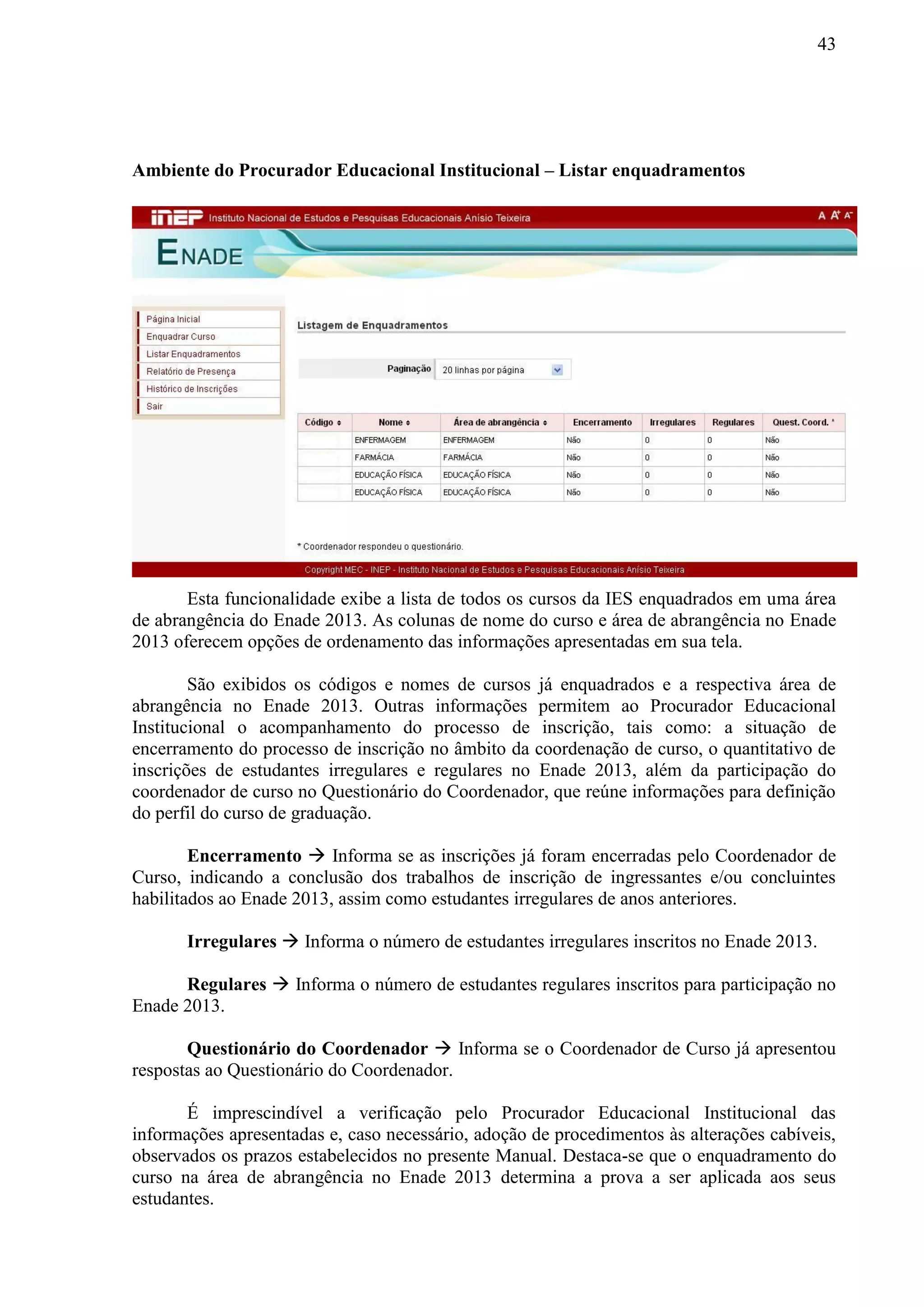 43
Ambiente do Procurador Educacional Institucional – Listar enquadramentos
Esta funcionalidade exibe a lista de todos os cursos da IES enquadrados em uma área
de abrangência do Enade 2013. As colunas de nome do curso e área de abrangência no Enade
2013 oferecem opções de ordenamento das informações apresentadas em sua tela.
São exibidos os códigos e nomes de cursos já enquadrados e a respectiva área de
abrangência no Enade 2013. Outras informações permitem ao Procurador Educacional
Institucional o acompanhamento do processo de inscrição, tais como: a situação de
encerramento do processo de inscrição no âmbito da coordenação de curso, o quantitativo de
inscrições de estudantes irregulares e regulares no Enade 2013, além da participação do
coordenador de curso no Questionário do Coordenador, que reúne informações para definição
do perfil do curso de graduação.
Encerramento  Informa se as inscrições já foram encerradas pelo Coordenador de
Curso, indicando a conclusão dos trabalhos de inscrição de ingressantes e/ou concluintes
habilitados ao Enade 2013, assim como estudantes irregulares de anos anteriores.
Irregulares  Informa o número de estudantes irregulares inscritos no Enade 2013.
Regulares  Informa o número de estudantes regulares inscritos para participação no
Enade 2013.
Questionário do Coordenador  Informa se o Coordenador de Curso já apresentou
respostas ao Questionário do Coordenador.
É imprescindível a verificação pelo Procurador Educacional Institucional das
informações apresentadas e, caso necessário, adoção de procedimentos às alterações cabíveis,
observados os prazos estabelecidos no presente Manual. Destaca-se que o enquadramento do
curso na área de abrangência no Enade 2013 determina a prova a ser aplicada aos seus
estudantes.
 