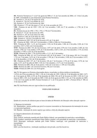 112
III - Portarias Normativas nº. 4, de 5 de agosto de 2008; nº. 12, de 5 de setembro de 2008; e nº. 10 de 2 de julho
de 2009, consolidando-se suas disposições nesta Portaria Normativa;
IV - Portaria nº. 514, de 27 de agosto de 1974;
V - Portaria nº. 726, de 21 de outubro de 1977;
VI - Portaria nº. 95, de 5 de fevereiro de 1986;
VII - Portaria nº. 375, de 4 de março e 2.141, de 14 de novembro de 1991;
VIII - Portarias do ano de 1993: 1.583, de 9 de novembro; 1.405, de 27 de setembro; e 1.790, de 22 de
dezembro;
IX - Portarias do ano de 1994: 1.792, 1.793 e 1.794, de 27 de dezembro;
X - Portaria nº. 75, de 3 de fevereiro de 1995;
XI - Portaria nº. 247, de 18 de março de 1996;
XII - Portaria nº. 469, de 25 de março de 1997;
XIII - Portaria nº. 524, de 12 de junho de 1998;
XIV - Portarias de 1999: 322, de 26 de fevereiro; 653, de 15 de abril;
XV - Portarias de 2000: 1.843, de 31 de dezembro; e 2.004 a 2.006, de 19 de dezembro;
XVI - Portarias de 2001: 1 a 21, de 4 de janeiro; 1.222, de 20 de junho; 1.466, de 12 de julho; 2.026, de 12 de
setembro; 3.017 a 3.021, de 21 de dezembro;
XVII - Portarias de 2002: 335, de 6 de fevereiro; 1.037, de 9 de abril; 2.578, de 13 de setembro; 2.805, de 3 de
outubro; 2.905, de 17 de outubro; 3.478, de 12 de dezembro, 3.647 a 3.651, de 19 de dezembro; 3.776, de 20 de
dezembro; e 3.802 a 3.819, de 24 de dezembro;
XVIII - Portarias de 2003: 1.756, de 08 de julho; e 3.111, de 31 de outubro;
XIX - Portarias de 2004: 411, de 12 de fevereiro; 695, de 18 de março; 7, de 19 de março; 983, de 13 de abril;
1.753, de 17 de junho; 3.672, de 12 de novembro; 3.799, de 17 de novembro; 3.850, de 23 de novembro; 4.327,
de 22 de dezembro; e 4.361, de 29 de dezembro;
XX - Portarias de 2005: 327, de 1º de fevereiro; 328, de 1º de fevereiro; 1.779, de 25 de maio; 1.874, de 2 de
junho; 2.413, de 07 de julho de 2005; 3.160, de 13 de setembro; e 4.271, de 12 de dezembro;
XXI - Portarias de 2006: 240, de 25 de janeiro; 1.026, de 12 de maio; e 1.309, de 14 de julho;
XXII - Portarias de 2007: 147, de 02 de fevereiro; 546, de 31 de maio;
XXIII - Portaria de 2009: 821, de 24 de agosto.
Art. 71. Revogam-se as Portarias relacionadas abaixo, ressalvados os efeitos jurídicos já produzidos:
1.670-A, de 30 de novembro de 1994; 1.120, de 16 de julho de 1999; 3.486, de 12 de dezembro de 2002; 2.477,
de 18 de agosto de 2004; 4.359, de 29 de dezembro de 2004; 398, de 03 de fevereiro de 2005; 1.850, de 31 de
maio de 2005; 2.201, de 22 de junho de 2005; 2.864, de 24 de agosto de 2005; 3.161, de 13 de setembro de 2005;
3.722, de 21 de outubro de 2005, Portaria Normativa nº. 2, de 10 de janeiro de 2007, e Portaria SESu nº. 408, de
15 de maio de 2007.
Art. 72. Esta Portaria entra em vigor na data de sua publicação.
FERNANDO HADDAD
ANEXO
Quadro de conceitos de referência para as bases de dados do Ministério da Educação sobre educação superior
1. Mantença da instituição
1.1. Mantenedora - pessoa jurídica que provê os recursos necessários ao funcionamento da instituição de ensino
e a representa legalmente.
1.2. Mantida - instituição de ensino superior que realiza a oferta da educação superior.
2. Categoria administrativa da instituição
2.1. Pública
2.1.1. Federal- instituição mantida pelo Poder Público federal, com gratuidade de matrículas e mensalidades;
2.1.2. Estadual- instituição mantida pelo Poder Público estadual, com gratuidade de matrículas e mensalidades;
2.1.3. Municipal- instituição mantida pelo Poder Público municipal, com gratuidade de matrículas e
mensalidades;
2.2. Privada
2.2.1. com fins lucrativos - instituição mantida por ente privado, com fins lucrativos;
 
