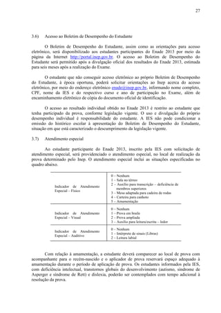 27
3.6) Acesso ao Boletim de Desempenho do Estudante
O Boletim de Desempenho do Estudante, assim como as orientações para acesso
eletrônico, será disponibilizado aos estudantes participantes do Enade 2013 por meio da
página da Internet http://portal.inep.gov.br. O acesso ao Boletim de Desempenho do
Estudante será permitido após a divulgação oficial dos resultados do Enade 2013, estimada
para seis meses após a realização do Exame.
O estudante que não conseguir acesso eletrônico ao próprio Boletim de Desempenho
do Estudante, à época oportuna, poderá solicitar orientações ao Inep acerca do acesso
eletrônico, por meio do endereço eletrônico enade@inep.gov.br, informando nome completo,
CPF, nome da IES e do respectivo curso e ano de participação no Exame, além de
encaminhamento eletrônico de cópia do documento oficial de identificação.
O acesso ao resultado individual obtido no Enade 2013 é restrito ao estudante que
tenha participado da prova, conforme legislação vigente. O uso e divulgação do próprio
desempenho individual é responsabilidade do estudante. A IES não pode condicionar a
emissão do histórico escolar à apresentação do Boletim de Desempenho do Estudante,
situação em que está caracterizado o descumprimento da legislação vigente.
3.7) Atendimento especial
Ao estudante participante do Enade 2013, inscrito pela IES com solicitação de
atendimento especial, será providenciado o atendimento especial, no local de realização da
prova determinado pelo Inep. O atendimento especial inclui as situações especificadas no
quadro abaixo.
Indicador de Atendimento
Especial – Físico
0 – Nenhum
1 – Sala no térreo
2 – Auxílio para transcrição – deficiência de
membros superiores
3 – Mesa adaptada para cadeira de rodas
4 – Carteira para canhoto
5 – Amamentação
Indicador de Atendimento
Especial – Visual
0 – Nenhum
1 – Prova em braile
2 – Prova ampliada
3 – Auxílio para leitura/escrita – ledor
Indicador de Atendimento
Especial – Auditivo
0 – Nenhum
1 – Intérprete de sinais (Libras)
2 – Leitura labial
Com relação à amamentação, a estudante deverá comparecer ao local de prova com
acompanhante para o recém-nascido e o aplicador de prova reservará espaço adequado à
amamentação durante o período de aplicação de prova. Os estudantes informados pela IES,
com deficiência intelectual, transtornos globais do desenvolvimento (autismo, síndrome de
Asperger e síndrome de Rett) e dislexia, poderão ser contemplados com tempo adicional à
resolução da prova.
 