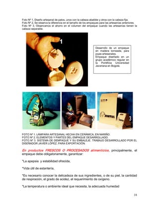 18 
Foto Nº 1, Diseño artesanal de patos, unos con la cabeza abatible y otros con la cabeza fija. 
Foto Nº 2, Se observa la diferencia en el tamaño de los empaques para las artesanías anteriores. 
Foto  Nº  3,  Observamos  el  ahorro  en  el  volumen  del  empaque  cuando  las  artesanías  tienen  la 
cabeza separable. 
FOTO Nº 1. LÁMPARA ARTESANAL HECHA EN CERÁMICA, EN NARIÑO. 
FOTO Nº 2. ELEMENTOS Y PARTES DEL EMPAQUE DESARROLLADO. 
FOTO Nº 3. SISTEMA DE DEMPAQUE Y SU EMBALEJE. TRABAJO DESARROLLADO POR EL 
DISEÑADOR JAVIER LÓPEZ, PARA EXPORTACIÓN. 
En  productos  FRESCOS  O  PROCESADOS  alimenticios,  principalmente,  el 
empaque debe obligatoriamente, garantizar: 
*La apepsia  y estabilidad ofrecida, 
*Vida útil de estantería, 
*Es necesario conocer la delicadeza de sus ingredientes, o de su piel, la cantidad 
de respiración, el grado de acidez, el requerimiento de oxígeno. 
*La temperatura o ambiente ideal que necesita, la adecuada humedad 
Desarrollo  de  un  empaque 
en  madera  torneada,  para 
joyas artesanales. 
Empaque  diseñado  en  un 
grupo  académico  regular  en 
la  Pontificia  Universidad 
Javeriana en Bogotá.
 