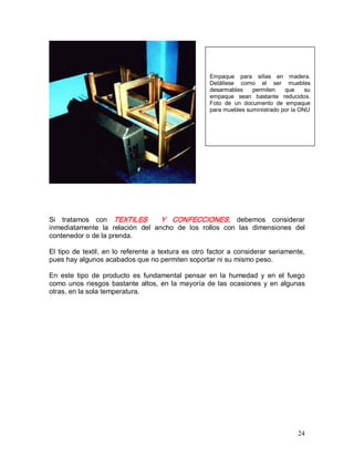 24 
Si  tratamos  con  TEXTILES    Y  CONFECCIONES,  debemos  considerar 
inmediatamente  la  relación  del  ancho  de  los  rollos  con  las  dimensiones  del 
contenedor o de la prenda. 
El tipo de textil, en lo referente a textura es otro factor a considerar seriamente, 
pues hay algunos acabados que no permiten soportar ni su mismo peso. 
En  este  tipo  de  producto  es  fundamental  pensar  en  la  humedad  y  en  el  fuego 
como unos riesgos bastante altos, en la mayoría de las ocasiones y en algunas 
otras, en la sola temperatura. 
Empaque  para  sillas  en  madera. 
Detállese  como  el  ser  muebles 
desarmables  permiten  que  su 
empaque  sean  bastante  reducidos. 
Foto  de  un  documento  de  empaque 
para muebles suministrado por la ONU
 