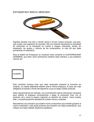 25 
ESTUDIAR MUY BIEN EL MERCADO. 
Significa estudiar muy bien a donde vamos a enviar nuestro producto, qué país, 
qué ciudad, qué segmento de mercado. Ello nos indicará claramente la necesidad 
de  protección  en  el  transporte  en  cuanto  a  riesgos  inherentes,  tiempo  de 
empacado,  los  gustos  y  motivos  de  los  compradores,  la  vida  útil  que  debe 
permanecer en estantería. 
Para  el diseño de  Empaques  es necesario  tener presente la  CUATERNALIDAD 
CEREBRAL que tiene como dominancia cerebral cada individuo y que podemos 
resumir así: 
CUADRO 
Esta  condición  humana  hace  que  cada  comprador  presente  al  momento  de 
comprar, un interés totalmente distinto ante el mismo empaque, lo hace aún más 
obligatorio el estudio a fondo del segmento a que se dirige nuestro producto. 
Estos requerimientos de mercado, nos suministrarán toda la información necesaria 
para  diseñar  el  empaque  correctamente  y  llegar  al  comprador  final,  con  el 
producto,  tal  y  como  lo  espera, logrando  su  decisión  de  compra    hacia  nuestro 
lado, y el posicionamiento deseado de nuestra marca y empresa. 
Recordemos con precisión que existen mucho productores que anhelan ganarse al 
mismo comprador y solo aquel producto que muestre una mejor presentación, que 
indique una mejor calidad, logrará la aceptación.
 
