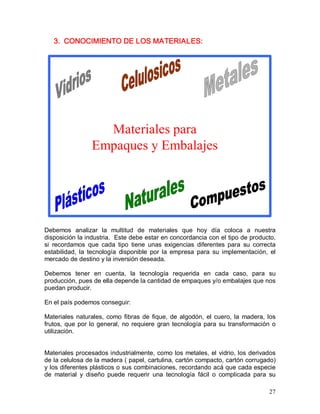 27 
3.  CONOCIMIENTO DE LOS MATERIALES: 
Materiales para 
Empaques y Embalajes 
Debemos  analizar  la  multitud  de  materiales  que  hoy  día  coloca  a  nuestra 
disposición la industria.  Este debe estar en concordancia con el tipo de producto, 
si  recordamos  que  cada  tipo  tiene  unas  exigencias  diferentes  para  su  correcta 
estabilidad,  la  tecnología  disponible  por  la  empresa  para  su  implementación,  el 
mercado de destino y la inversión deseada. 
Debemos  tener  en  cuenta,  la  tecnología  requerida  en  cada  caso,  para  su 
producción, pues de ella depende la cantidad de empaques y/o embalajes que nos 
puedan producir. 
En el país podemos conseguir: 
Materiales naturales, como fibras de fique, de algodón, el cuero, la madera, los 
frutos, que por lo general, no requiere gran tecnología para su transformación o 
utilización. 
Materiales procesados industrialmente, como los metales, el vidrio, los derivados 
de la celulosa de la madera ( papel, cartulina, cartón compacto, cartón corrugado) 
y los diferentes plásticos o sus combinaciones, recordando acá que cada especie 
de  material  y  diseño  puede  requerir  una  tecnología  fácil  o  complicada  para  su
 