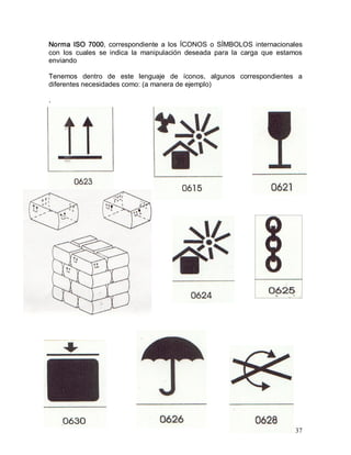 37 
Norma  ISO  7000,  correspondiente  a  los  ÍCONOS  o  SÍMBOLOS  internacionales 
con  los  cuales  se  indica  la  manipulación  deseada  para  la  carga  que  estamos 
enviando 
Tenemos  dentro  de  este  lenguaje  de  íconos,  algunos  correspondientes  a 
diferentes necesidades como: (a manera de ejemplo) 
.
 