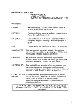 4 
OBJETIVO DEL EMBALAJE: 
LLEVAR LA CARGA 
DESDE LA FÁBRICA, 
HASTA EL DISTRIBUIDOR  / COMPRADOR FINAL 
Definiciones: 
ENVASE.                     Recipiente rígido, duro, donde el producto tiende a 
adaptarse a la forma del recipiente 
EMPAQUE:  Recipiente flexible, que una vez lleno, trata de tomar la 
Forma del producto contenido. 
ENVOLTURA:             Material flexible, al cual, el empacador da una forma 
cualquiera, según la tecnología de que disponga o su 
gusto. 
PAR:  Técnicamente, el conjunto del producto y su empaque. 
CAJA MASTER       Caja que contiene una o más unidades del producto 
previamente empacado o no, para agrupar, debidamente 
normalizada, lista para paletizar, o distribuir. 
EMBALAJE:             Es el envase, empaque o envoltura, especialmente 
acondicionados en sí mismos o en una caja master para 
manipular, almacenar o transportar el producto. 
CONTENEDOR:     Caja reutilizable, de varios tamaños normalizados, para 
transportar la carga en cantidades, por vía terrestre, 
acuática o aérea, generalmente sin necesidad de traspasar 
producto en cada cambio de medio de transporte. 
ESTIBA / PALETA  Es una plataforma, generalmente fabricada en madera 
O PALLET              natural (hoy se fabrica también en madera compensada, 
cartón, plástico o metal) y se destina para el 
almacenamiento, la manipulación y el transporte de 
productos embalados. 
EN UNA CONVERSACIÓN GENERAL, SE HABLA DE EMPAQUES 
PARA REFERIRSE A TODOS LOS TÉRMINOS TECNICAMENTE ACÁ 
DEFINIDOS.
 