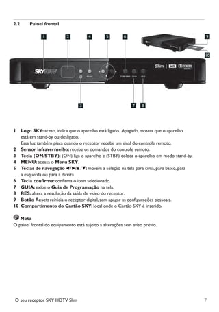 7O seu receptor SKY HDTV Slim
2.2	 Painel frontal
1		Logo SKY: aceso, indica que o aparelho está ligado.  Apagado, mostra que o aparelho
está em stand-by ou desligado.
Essa luz também pisca quando o receptor recebe um sinal do controle remoto.
2		 Sensor infravermelho: recebe os comandos do controle remoto.
3		 Tecla (ON/STBY): (ON) liga o aparelho e (STBY) coloca o aparelho em modo stand-by.
4		 MENU: acessa o Menu SKY.
5		 Teclas de navegação / / / : movem a seleção na tela para cima, para baixo, para
	 	 a esquerda ou para a direita.
6		 Tecla confirma: confirma o item selecionado.
7		 GUIA: exibe o Guia de Programação na tela.
8		 RES: altera a resolução da saída de vídeo do receptor.
9		Botão Reset: reinicia o receptor digital, sem apagar as configurações pessoais.
10	 Compartimento do Cartão SKY: local onde o Cartão SKY é inserido.
Nota
O painel frontal do equipamento está sujeito a alterações sem aviso prévio.
21 4 5 6 9
3 7 8
10
Manual SKY HDTV Slim maio 2012.indd 7 5/31/12 5:03 PM
 