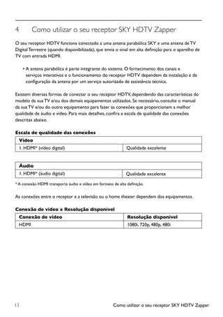 Como utilizar o seu receptor SKY HDTV Zapper13
4	 Como utilizar o seu receptor SKY HDTV Zapper
O seu receptor HDTV funciona conectado a uma antena parabólica SKY e uma antena deTV
Digital Terrestre (quando disponibilizada), que envia o sinal em alta definição para o aparelho de
TV com entrada HDMI.
•	A antena parabólica é parte integrante do sistema. O fornecimento dos canais e
serviços interativos e o funcionamento do receptor HDTV dependem da instalação e da
configuração da antena por um serviço autorizado de assistência técnica.
Existem diversas formas de conectar o seu receptor HDTV, dependendo das características do
modelo da sua TV e/ou dos demais equipamentos utilizados. Se necessário, consulte o manual
da sua TV e/ou do outro equipamento para fazer as conexões que proporcionam a melhor
qualidade de áudio e vídeo. Para mais detalhes, confira a escala de qualidade das conexões
descritas abaixo.
Escala de qualidade das conexões
Vídeo
1. HDMI* (vídeo digital) Qualidade excelente
Áudio
1. HDMI* (áudio digital) Qualidade excelente
* A conexão HDMI transporta áudio e vídeo em formato de alta definição.
As conexões entre o receptor e a televisão ou o home theater dependem dos equipamentos.
Conexão de vídeo x Resolução disponível
Conexão de vídeo Resolução disponível
HDMI 1080i, 720p, 480p, 480i
 