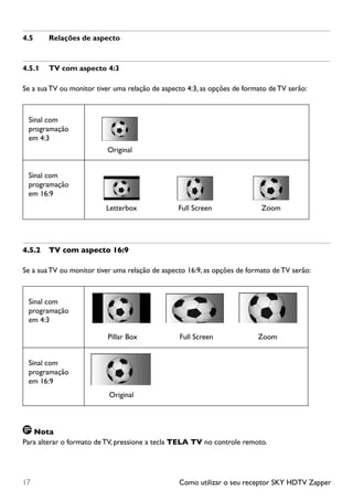 Como utilizar o seu receptor SKY HDTV Zapper17
4.5	 Relações de aspecto
4.5.1	 TV com aspecto 4:3
Se a sua TV ou monitor tiver uma relação de aspecto 4:3, as opções de formato de TV serão:
Sinal com
programação
em 4:3
Sinal com
programação
em 16:9
4.5.2	 TV com aspecto 16:9
Se a sua TV ou monitor tiver uma relação de aspecto 16:9, as opções de formato de TV serão:
Sinal com
programação
em 4:3
Sinal com
programação
em 16:9
Nota
Para alterar o formato de TV, pressione a tecla TELA TV no controle remoto.
Original
Letterbox ZoomFull Screen
Pillar Box Full Screen Zoom
Original
 