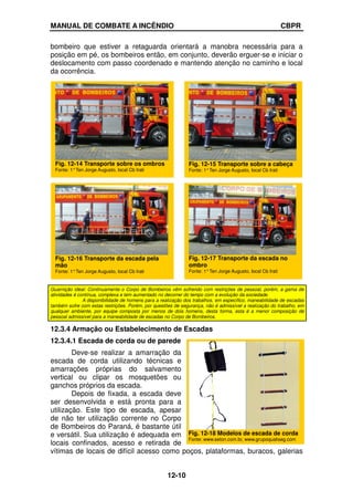 MANUAL DE COMBATE A INCÊNDIO CBPR
12-10
bombeiro que estiver a retaguarda orientará a manobra necessária para a
posição em pé, os bombeiros então, em conjunto, deverão erguer-se e iniciar o
deslocamento com passo coordenado e mantendo atenção no caminho e local
da ocorrência.
Guarnição ideal: Continuamente o Corpo de Bombeiros vêm sofrendo com restrições de pessoal, porém, a gama de
atividades é contínua, complexa e tem aumentado no decorrer do tempo com a evolução da sociedade.
A disponibilidade de homens para a realização dos trabalhos, em específico, maneabilidade de escadas
também sofre com estas restrições. Porém, por questões de segurança, não é admissível a realização do trabalho, em
qualquer ambiente, por equipe composta por menos de dois homens, desta forma, esta é a menor composição de
pessoal admissível para a maneabilidade de escadas no Corpo de Bombeiros.
12.3.4 Armação ou Estabelecimento de Escadas
12.3.4.1 Escada de corda ou de parede
Deve-se realizar a amarração da
escada de corda utilizando técnicas e
amarrações próprias do salvamento
vertical ou clipar os mosquetões ou
ganchos próprios da escada.
Depois de fixada, a escada deve
ser desenvolvida e está pronta para a
utilização. Este tipo de escada, apesar
de não ter utilização corrente no Corpo
de Bombeiros do Paraná, é bastante útil
e versátil. Sua utilização é adequada em
locais confinados, acesso e retirada de
vítimas de locais de difícil acesso como poços, plataformas, buracos, galerias
Fig. 12-14 Transporte sobre os ombros
Fonte: 1°Ten Jorge Augusto, local Cb Irati
Fig. 12-15 Transporte sobre a cabeça
Fonte: 1°Ten Jorge Augusto, local Cb Irati
Fig. 12-16 Transporte da escada pela
mão
Fonte: 1°Ten Jorge Augusto, local Cb Irati
Fig. 12-17 Transporte da escada no
ombro
Fonte: 1°Ten Jorge Augusto, local Cb Irati
Fig. 12-18 Modelos de escada de corda
Fonte: www.seton.com.br, www.grupoqualiseg.com
 
