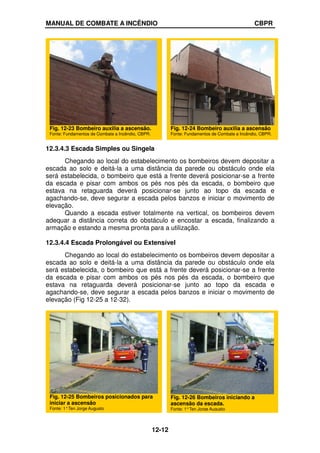 MANUAL DE COMBATE A INCÊNDIO CBPR
12-12
12.3.4.3 Escada Simples ou Singela
Chegando ao local do estabelecimento os bombeiros devem depositar a
escada ao solo e deitá-la a uma distância da parede ou obstáculo onde ela
será estabelecida, o bombeiro que está a frente deverá posicionar-se a frente
da escada e pisar com ambos os pés nos pés da escada, o bombeiro que
estava na retaguarda deverá posicionar-se junto ao topo da escada e
agachando-se, deve segurar a escada pelos banzos e iniciar o movimento de
elevação.
Quando a escada estiver totalmente na vertical, os bombeiros devem
adequar a distância correta do obstáculo e encostar a escada, finalizando a
armação e estando a mesma pronta para a utilização.
12.3.4.4 Escada Prolongável ou Extensível
Chegando ao local do estabelecimento os bombeiros devem depositar a
escada ao solo e deitá-la a uma distância da parede ou obstáculo onde ela
será estabelecida, o bombeiro que está a frente deverá posicionar-se a frente
da escada e pisar com ambos os pés nos pés da escada, o bombeiro que
estava na retaguarda deverá posicionar-se junto ao topo da escada e
agachando-se, deve segurar a escada pelos banzos e iniciar o movimento de
elevação (Fig 12-25 a 12-32).
Fig. 12-24 Bombeiro auxilia a ascensão
Fonte: Fundamentos de Combate a Incêndio, CBPR.
Fig. 12-23 Bombeiro auxilia a ascensão.
Fonte: Fundamentos de Combate a Incêndio, CBPR.
Fig. 12-25 Bombeiros posicionados para
iniciar a ascensão
Fonte: 1°Ten Jorge Augusto
Fig. 12-26 Bombeiros iniciando a
ascensão da escada.
Fonte: 1°Ten Jorge Augusto
 