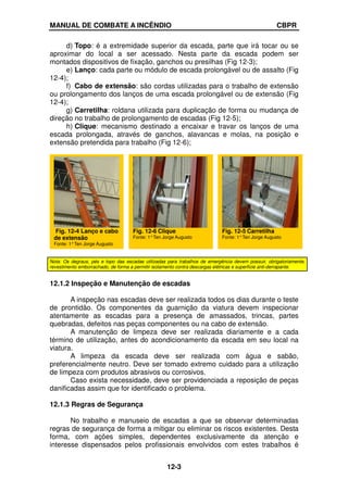 MANUAL DE COMBATE A INCÊNDIO CBPR
12-3
d) Topo: é a extremidade superior da escada, parte que irá tocar ou se
aproximar do local a ser acessado. Nesta parte da escada podem ser
montados dispositivos de fixação, ganchos ou presilhas (Fig 12-3);
e) Lanço: cada parte ou módulo de escada prolongável ou de assalto (Fig
12-4);
f) Cabo de extensão: são cordas utilizadas para o trabalho de extensão
ou prolongamento dos lanços de uma escada prolongável ou de extensão (Fig
12-4);
g) Carretilha: roldana utilizada para duplicação de forma ou mudança de
direção no trabalho de prolongamento de escadas (Fig 12-5);
h) Clique: mecanismo destinado a encaixar e travar os lanços de uma
escada prolongada, através de ganchos, alavancas e molas, na posição e
extensão pretendida para trabalho (Fig 12-6);
Nota: Os degraus, pés e topo das escadas utilizadas para trabalhos de emergência devem possuir, obrigatoriamente,
revestimento emborrachado, de forma a permitir isolamento contra descargas elétricas e superfície anti-derrapante.
12.1.2 Inspeção e Manutenção de escadas
A inspeção nas escadas deve ser realizada todos os dias durante o teste
de prontidão. Os componentes da guarnição da viatura devem inspecionar
atentamente as escadas para a presença de amassados, trincas, partes
quebradas, defeitos nas peças componentes ou na cabo de extensão.
A manutenção de limpeza deve ser realizada diariamente e a cada
término de utilização, antes do acondicionamento da escada em seu local na
viatura.
A limpeza da escada deve ser realizada com água e sabão,
preferencialmente neutro. Deve ser tomado extremo cuidado para a utilização
de limpeza com produtos abrasivos ou corrosivos.
Caso exista necessidade, deve ser providenciada a reposição de peças
danificadas assim que for identificado o problema.
12.1.3 Regras de Segurança
No trabalho e manuseio de escadas a que se observar determinadas
regras de segurança de forma a mitigar ou eliminar os riscos existentes. Desta
forma, com ações simples, dependentes exclusivamente da atenção e
interesse dispensados pelos profissionais envolvidos com estes trabalhos é
Fig. 12-6 Clique
Fonte: 1°Ten Jorge Augusto
Fig. 12-4 Lanço e cabo
de extensão
Fonte: 1°Ten Jorge Augusto
Fig. 12-5 Carretilha
Fonte: 1°Ten Jorge Augusto
 
