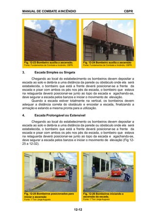 MANUAL DE COMBATE AINCÊNDIO CBPR
3. Escada Simples ou Singela
Chegando ao local do estabelecimento os bombeiros devem depositar a
escada ao solo e deitá-la a uma distância da parede ou obstáculo onde ela será
estabelecida, o bombeiro que está a frente deverá posicionar-se a frente da
escada e pisar com ambos os pés nos pés da escada, o bombeiro que estava
na retaguarda deverá posicionar-se junto ao topo da escada e agachando-se,
deve segurar a escada pelos banzos e iniciar o movimento de elevação.
Quando a escada estiver totalmente na vertical, os bombeiros devem
adequar a distância correta do obstáculo e encostar a escada, finalizando a
armação e estando a mesma pronta para a utilização.
4. Escada Prolongável ou Extensível
Chegando ao local do estabelecimento os bombeiros devem depositar a
escada ao solo e deitá-la a uma distância da parede ou obstáculo onde ela será
estabelecida, o bombeiro que está a frente deverá posicionar-se a frente da
escada e pisar com ambos os pés nos pés da escada, o bombeiro que estava
na retaguarda deverá posicionar-se junto ao topo da escada e agachando-se,
deve segurar a escada pelos banzos e iniciar o movimento de elevação (Fig 12-
25 a 12-32).
Fig. 12-24 Bombeiro auxilia a ascensão
Fonte: Fundamentos de Combate a Incêndio, CBPR.
Fig. 12-23 Bombeiro auxilia a ascensão.
Fonte: Fundamentos de Combate a Incêndio, CBPR.
Fig. 12-25 Bombeiros posicionados para
iniciar a ascensão
Fonte: 1°Ten Jorge Augusto
Fig. 12-26 Bombeiros iniciando a
ascensão da escada.
Fonte: 1°Ten Jorge Augusto
12-12
 