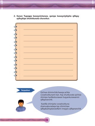 104
2. Kanan Tupaqpa kawaynintanaw, qampa kawayniykipita qillqay
aylluykipa shutinkunata churarkur.
.
.
.
.
.
.
.
.
.
Qichwa shiminchikchawqa achka
runashutikunami kan. Kay shutikunata qichwa
shimipa hanllankunawan luqyankunawanmi
qillqananchik.
Kastilla shimipita runashutikuna
shamuqkunataqa kay shimichaw
qillqakashqatanawllami imaypis qillqananchik.
Yarpashun
 