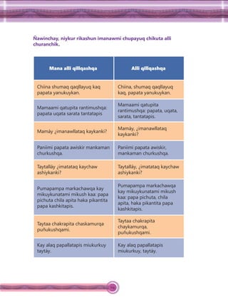 114
Ñawinchay, niykur rikashun imanawmi chupayuq chikuta alli
churanchik.
Mana alli qillqashqa Alli qillqashqa
Chiina shumaq qaqllayuq kaq
papata yanukuykan.
Chiina, shumaq qaqllayuq
kaq, papata yanukuykan.
Mamaami qatupita rantimushqa:
papata uqata sarata tantatapis
Mamaami qatupita
rantimushqa: papata, uqata,
sarata, tantatapis.
Mamáy ¿imanawllataq kaykanki?
Mamáy, ¿imanawllataq
kaykanki?
Paniimi papata awiskir mankaman
churkushqa.
Paniimi papata awiskir,
mankaman churkushqa.
Taytalláy ¿imatataq kaychaw
ashiykanki?
Taytalláy, ¿imatataq kaychaw
ashiykanki?
Pumapampa markachawqa kay
mikuykunatami mikush kaa: papa
pichuta chila apita haka pikantita
papa kashkitapis.
Pumapampa markachawqa
kay mikuykunatami mikush
kaa: papa pichuta, chila
apita, haka pikantita papa
kashkitapis.
Taytaa chakrapita chaskamurqa
puñukushqami.
Taytaa chakrapita
chaykamurqa,
puñukushqami.
Kay alaq papallatapis miukurkuy
taytáy.
Kay alaq papallatapis
miukurkuy, taytáy.
 