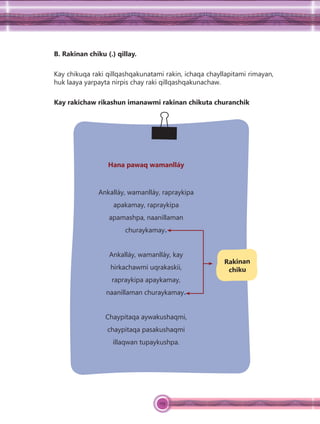 119
B. Rakinan chiku (.) qillay.
Kay chikuqa raki qillqashqakunatami rakin, ichaqa chayllapitami rimayan,
huk laaya yarpayta nirpis chay raki qillqashqakunachaw.
Kay rakichaw rikashun imanawmi rakinan chikuta churanchik
Rakinan
chiku
Hana pawaq wamanlláy
Ankalláy, wamanlláy, rapraykipa
apakamay, rapraykipa
apamashpa, naanillaman
churaykamay.
Ankalláy, wamanlláy, kay
hirkachawmi uqrakaskii,
rapraykipa apaykamay,
naanillaman churaykamay.
Chaypitaqa aywakushaqmi,
chaypitaqa pasakushaqmi
illaqwan tupaykushpa.
 
