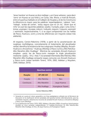 18
‘tener hambre’ en Huaraz se dice mallaqa- y en Caraz wiksana-; para decir
‘cerro’ en Huaraz se usa hirka y; en Caraz, irka. Ahora, a nivel de Áncash,
entre el quechua hablado en el Callejón de Huaylas y el de los Conchucos
la diferencia es mayor: para las palabras ‘espantapájaros’, ‘cabeza’, ‘tres’,
‘trabajé’, ‘acaba de comer’, ‘estoy seguro que es un río’, ‘dicen que es
niño’ se usan las siguientes palabras: waallu / nunayku, piqa / uma, kima /
kimsa, uryarqaa / arurqaa, mikurii / mikuskii, mayum / mayumi, wamrash
/ wamrashi, respectivamente. Y, si se sigue comparando con las hablas
de Pasco, Huánuco, Junín y Lima las diferencias son mayores (véase más
adelante).
Al respecto, Cerrón-Palomino (1978), a partir de la caracterización de
isoglosas morfológicas, concretamente el tratamiento del pluralizador
verbal, identiﬁca la existencia de tres subgrupos: Huáilay (Waylay, Áncash-
Huánuco o Ancashino),3
Huáncay (Wankay o Pasco-Junín) y Alto Pativilca-
Alto Marañón-Alto Huallaga4.
Mientras las variedades Áncash-Huánuco
emplean –ya(a), las de Pasco-Junín manejan la triple pluralización
mediante –paaku, –Vri y –rkaa. Y, la variedad intermedia Alto Pativilca-Alto
Marañón-Alto Huallaga comparte rasgos comunes con Áncash-Huánuco
y Pasco-Junín (véase también Torero, 1974, 2002; Adelaar y Muysken,
2004, Adelaar, 2010).
Quechua central
Huaylas AP-AM-AH Huancay
Huaylas Alto Pativilca Yaru
Conchucos Alto Marañón Jauja-Huanca
Alto Huallaga Huangáscar-Topará
Cerrón-Palomino (1987)
3 Teniendo en cuenta el criterio geográﬁco con ﬁnes pedagógicos utilizado por el Ministerio de
Educación en la clasiﬁcación de las variedades del quechua central, alternativamente, para las
variedades mayores, utilizamos las nociones de variedad Áncash-Huánuco o Ancashino (Waylay)
y Pasco-Junín (Wankay).
4 En la clasiﬁcación de Torero (1974, 2002), Adelaar y Muysken (2004), el quechua central aparece
dividido en cinco variantes independientes: (1) Huaylas-Conchucos, (2) Alto Pativilca-Alto
Marañón–Alto Huallaga, (3) Yaru, (4) Jauja-Huanca y (5) Huangáscar-Topará.
 