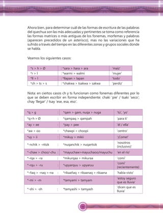 29
Ahora bien, para determinar cuál de las formas de escritura de las palabras
del quechua son las más adecuadas y pertinentes se toma como referencia
las formas matrices o más antiguas de los fonemas, morfemas y palabras
(aparecen precedidos de un asterisco), mas no las variaciones que ha
sufrido a través del tiempo en las diferentes zonas y grupos sociales donde
se habla.
Veamos los siguientes casos:
*s > h > Ø : *sara > hara > ara ‘maíz’
*r > l : *warmi > walmi ‘mujer’
*ll > l : *llapan > lapan ‘todo’
*ch > ts > s : *chakwa > tsakwa > sakwa ‘perdiz’
Nota: en ciertos casos ch y ts funcionan como fonemas diferentes por lo
que se deben escribir en forma independiente: chaki ‘pie’ / tsaki ‘seco’;
chay ‘llegar’ / tsay ‘ese, esa, eso’.
*q > g : *qam > gam, nuqa > nuga ‘tú’, ‘yo’
*q>h > Ø : *qampaq > qampah ‘para ti’
*ay > ee : *pay > pee ‘él / ella’
*aw > oo : *chawpi > choopi ‘centro’
*uy > ii : *mikuy > mikii ‘¡Come!’
*-nchik > -ntsik : *nuqanchik > nuqantsik
‘nosotros
(inclusivo)’
*-chaw > choo/-chu : *mayuchaw>mayuchaoo/mayuchu ‘en el río’
*-rqa > -ra : *mikurqaa > mikuraa ‘comí’
*-rqu > -ru : *upyarquu > upyaruu
‘comí’
(recientemente)
*-ñaq > -naq >-na : *rikaañaq > rikaanaq > rikaana ‘había visto’
*-mi > -m : *tamyami > tamyam
‘estoy seguro
que es lluvia’
*-shi > -sh : *tamyashi > tamyash
‘dicen que es
lluvia’
 