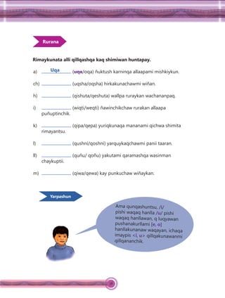 38
Rurana
Rimaykunata alli qillqashqa kaq shimiwan huntapay.
a) (uqa/oqa) ñuktush karninqa allaapami mishkiykun.
ch) (uqsha/oqsha) hirkakunachawmi wiñan.
h) (qishuta/qeshuta) wallpa ruraykan wachananpaq.
i) (wiqti/weqti) ñawinchikchaw rurakan allaapa
puñuptinchik.
k) (qipa/qepa) yuriqkunaqa mananami qichwa shimita
rimayantsu.
l) (qushni/qoshni) yarquykaqchawmi panii taaran.
ll) (quñu/ qoñu) yakutami qaramashqa wasinman
chaykuptii.
m) (qiwa/qewa) kay punkuchaw wiñaykan.
Uqa
Ama qunqashuntsu, /i/
pishi waqaq hanlla /u/ pishi
waqaq hanllawan, q luqyawan
pushanakurllami [e, o]
hanllakunanaw waqayan, ichaqa
imaypis <i, u> qillqakunawanmi
qillqananchik.
Yarpashun
 