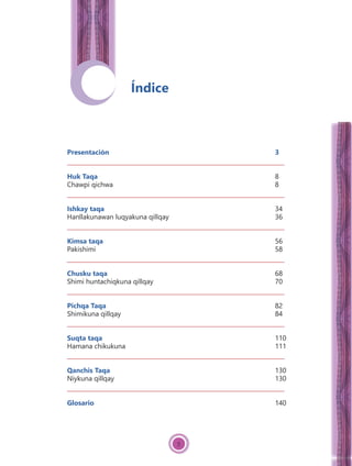 Presentación 3
Huk Taqa 8
Chawpi qichwa 8
Ishkay taqa 34
Hanllakunawan luqyakuna qillqay 36
Kimsa taqa 56
Pakishimi 58
Chusku taqa 68
Shimi huntachiqkuna qillqay 70
Pichqa Taqa 82
Shimikuna qillqay 84
Suqta taqa 110
Hamana chikukuna 111
Qanchis Taqa 130
Niykuna qillqay 130
Glosario 140
Índice
5
 