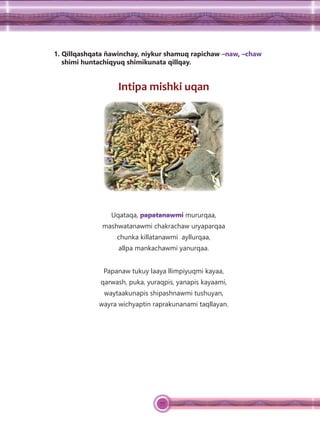 77
1. Qillqashqata ñawinchay, niykur shamuq rapichaw –naw, –chaw
shimi huntachiqyuq shimikunata qillqay.
Intipa mishki uqan
Uqataqa, papatanawmi mururqaa,
mashwatanawmi chakrachaw uryaparqaa
chunka killatanawmi ayllurqaa,
allpa mankachawmi yanurqaa.
Papanaw tukuy laaya llimpiyuqmi kayaa,
qarwash, puka, yuraqpis, yanapis kayaami,
waytaakunapis shipashnawmi tushuyan,
wayra wichyaptin raprakunanami taqllayan.
 