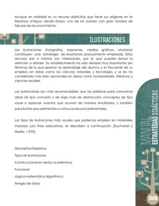 Aunque en realidad es un recurso didáctico que tiene sus orígenes en la
literatura antigua, siendo Esopo, uno de los autores con gran número de
fabulas de reconocimiento.
Las ilustraciones (fotografías, esquemas, medios gráficos, etcétera)
constituyen una estrategia de enseñanza profusamente empleada. Estos
recursos por sí mismos son interesantes, por lo que pueden llamar la
atención o distraer. Su establecimiento ha sido siempre muy importante (en
términos de lo que aportan al aprendizaje del alumno y lo frecuente de su
empleo) en áreas como las ciencias naturales y tecnología, y se les ha
considerado más bien opcionales en áreas como humanidades, literatura y
ciencias sociales.
Las ilustraciones son más recomendables que las palabras para comunicar
ideas de tipo concreto o de bajo nivel de abstracción, conceptos de tipo
visual o espacial, eventos que ocurren de manera simultánea, y también
para ilustrar procedimientos o instrucciones procedimentales.
Los tipos de ilustraciones más usuales que podemos emplear en materiales
impresos con fines educativos, se describen a continuación (Duchastel y
Walter, 1.979):
Descriptiva Expresiva
Tipos de ilustraciones
Construccional en textos académicos
Funcional
Lógico-matemática Algorítmica
Arreglo de datos
 