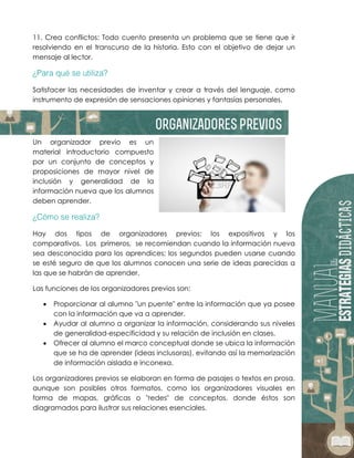 11. Crea conflictos: Todo cuento presenta un problema que se tiene que ir
resolviendo en el transcurso de la historia. Esto con el objetivo de dejar un
mensaje al lector.
Satisfacer las necesidades de inventar y crear a través del lenguaje, como
instrumento de expresión de sensaciones opiniones y fantasías personales.
Un organizador previo es un
material introductorio compuesto
por un conjunto de conceptos y
proposiciones de mayor nivel de
inclusión y generalidad de la
información nueva que los alumnos
deben aprender.
Hay dos tipos de organizadores previos: los expositivos y los
comparativos. Los primeros, se recomiendan cuando la información nueva
sea desconocida para los aprendices; los segundos pueden usarse cuando
se esté seguro de que los alumnos conocen una serie de ideas parecidas a
las que se habrán de aprender.
Las funciones de los organizadores previos son:
 Proporcionar al alumno "un puente" entre la información que ya posee
con la información que va a aprender.
 Ayudar al alumno a organizar la información, considerando sus niveles
de generalidad-especificidad y su relación de inclusión en clases.
 Ofrecer al alumno el marco conceptual donde se ubica la información
que se ha de aprender (ideas inclusoras), evitando así la memorización
de información aislada e inconexa.
Los organizadores previos se elaboran en forma de pasajes o textos en prosa,
aunque son posibles otros formatos, como los organizadores visuales en
forma de mapas, gráficas o "redes" de conceptos, donde éstos son
diagramados para ilustrar sus relaciones esenciales.
 