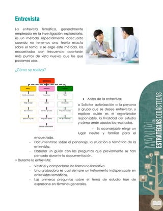 La entrevista temática, generalmente
empleada en la investigación exploratoria,
es un método especialmente adecuado
cuando no tenemos una teoría exacta
sobre el tema, si se elige este método, los
encuestados con frecuencia aportarán
más puntos de vista nuevos que los que
podamos usar.
 Antes de la entrevista:
o Solicitar autorización a la persona
o grupo que se desee entrevistar, y
explicar quién es el organizador
responsable, la finalidad del estudio
y cómo serán usados los resultados.
- Es aconsejable elegir un
lugar neutro y familiar para el
encuestado.
- Documentarse sobre el personaje, la situación o temática de la
entrevista.
- Elaborar un guión con las preguntas que previamente se han
pensado durante la documentación.
• Durante la entrevista:
- Vestirse y comportarse de forma no llamativa.
- Una grabadora es casi siempre un instrumento indispensable en
entrevistas temáticas.
- Las primeras preguntas sobre el tema de estudio han de
expresarse en términos generales.
 