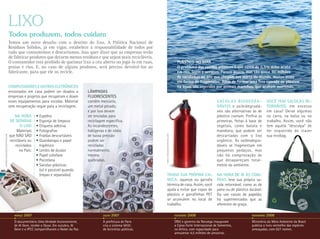 liXO
                                  todos produzem, todos cuidam
                                  Temos um novo desafio com o destino do lixo. A Política Nacional de
                                  Resíduos Sólidos, já em vigor, estabelece a responsabilidade de todos por
                                  tudo que consumimos e descartamos. Isso quer dizer que as empresas terão
                                  de fabricar produtos que deixem menos resíduos e que sejam mais recicláveis.
                                  O consumidor está proibido de queimar lixo a céu aberto ou jogá-lo em ruas,                                                         PLáSTICO NO MAR
                                  praias e rios. E, no caso de alguns produtos, será preciso devolvê-los ao                                                           O problema das sacolas plásticas é que cerca de 0,5% delas acaba
                                  fabricante, para que ele os recicle.                                                                                                em rios, lagos e oceanos. Parece pouco, mas são quase 90 milhões
                                                                                                                                                                      de sacolinhas ao ano que chegam aos mares do mundo, muitas vezes
                                                                                                                                                                      em forma de fragmentos. Além de formar uma fina camada de plástico




                                                                                                                                                                                                                                                                StOCK.xChng
                                  cOmputAdOres e OutrOs eletrônicOs                                                                                                   na água, são ingeridos por animais marinhos, que acabam morrendo.
                                  encostados em casa podem ser doados a             lÂmpAdAs
                                  empresas e projetos que recuperam e doam          fluOrescentes
                                  esses equipamentos para escolas. Material         contêm mercúrio,                                                                                             s Ac O l A s B i O d e G r A -    vOcÊ tem sAcOlAs re-
                                  sem recuperação segue para a reciclagem.          um metal pesado,                                                                                             dáveis e oxibidegradá-            tOrnáveis em excesso
                                                                                    e por isso devem                                                                                             veis são alternativas às de       em casa? Deixe algumas
                                     nA hOrA        • Espelho                       ser enviadas para                                                                                            plástico comum. Prefira as        no carro, na bolsa ou no
                                  de sepArAr        • Esponja de limpeza            reciclagem específica.                                                                                       primeiras, feitas à base de       trabalho. assim, você não
                                         O lixO     • Etiqueta adesiva              as incandescentes,                                                                                           vegetais, como batata e           tem aquela “desculpa” de
                                       Materiais    • Fotografias                   halógenas e de sódio                                                                                         mandioca, que podem ser           ter esquecido de trazer
                                  que nãO SãO       • Fraldas descartáveis          de baixa pressão                                                                                             descartadas com o lixo            sua ecobag.




                                                                                                                                     nanCy hixSOn/iStOCKPhOtO.COM
SherWin MCgehee/iStOCKPhOtO.COM




                                  recicláveis ou    • Guardanapo e papel            podem ser                                                                                                    orgânico. as oxibiodegra-
                                      reciclados      higiênico                     recicladas                                                                                                   dáveis se fragmentam em
                                        no País:    • Lentes de óculos              normalmente,                                                                                                 pequenos pedaços, mas




                                                                                                                                                                                                                                                                 DiVuLgaçãO
                                                    • Papel celofane                mesmo                                                                                                        não há comprovação de
                                                    • Porcelana                     quebradas.                                                                                                   que desapareçam total-
                                                    • Sacolas plásticas                                                                                                                          mente do ambiente.
                                                      (só é possível quando
                                                      limpas e separadas)                                                                 trAGA suA própriA cA-                                  nA hOrA de ir às cOm-
                                                                                                                                          necA, squeeze ou garrafa                               prAs, leve sua própria sa-
                                                                                                                                          térmica de casa. assim, você                           cola retornável, como as de
                                                                                                                                          ajuda a evitar que copos de                            pano ou de plástico durável.
                                                                                                                                          plástico e garrafinhas Pet                             Ou use caixas de papelão;
                                                                                                                                          se acumulem no local de                                há supermercados que as
                                                                                                                       MarCOS LiMa




                                                                                                                                          trabalho.                                              oferecem de graça.

                                     março   2007                                            julho   2007                                                           fevereiro   2008                                    novembro   2008
                                     O documentário Uma Verdade Inconveniente,               a prefeitura de Paris                                                  Onu e governo da noruega inauguram                  Ministério do Meio ambiente do Brasil
                                     de al gore, recebe o Oscar. em outubro, al              cria o sistema Vélib’,                                                 a Caixa forte internacional de Sementes,            publica o livro vermelho das espécies
                                     gore e o iPCC compartilharam o nobel da Paz.            de bicicletas públicas.                                                no Ártico, com capacidade para                      ameaçadas, com 627 nomes.
                                                                                                                                                                    armazenar 4,5 milhões de amostras.
 