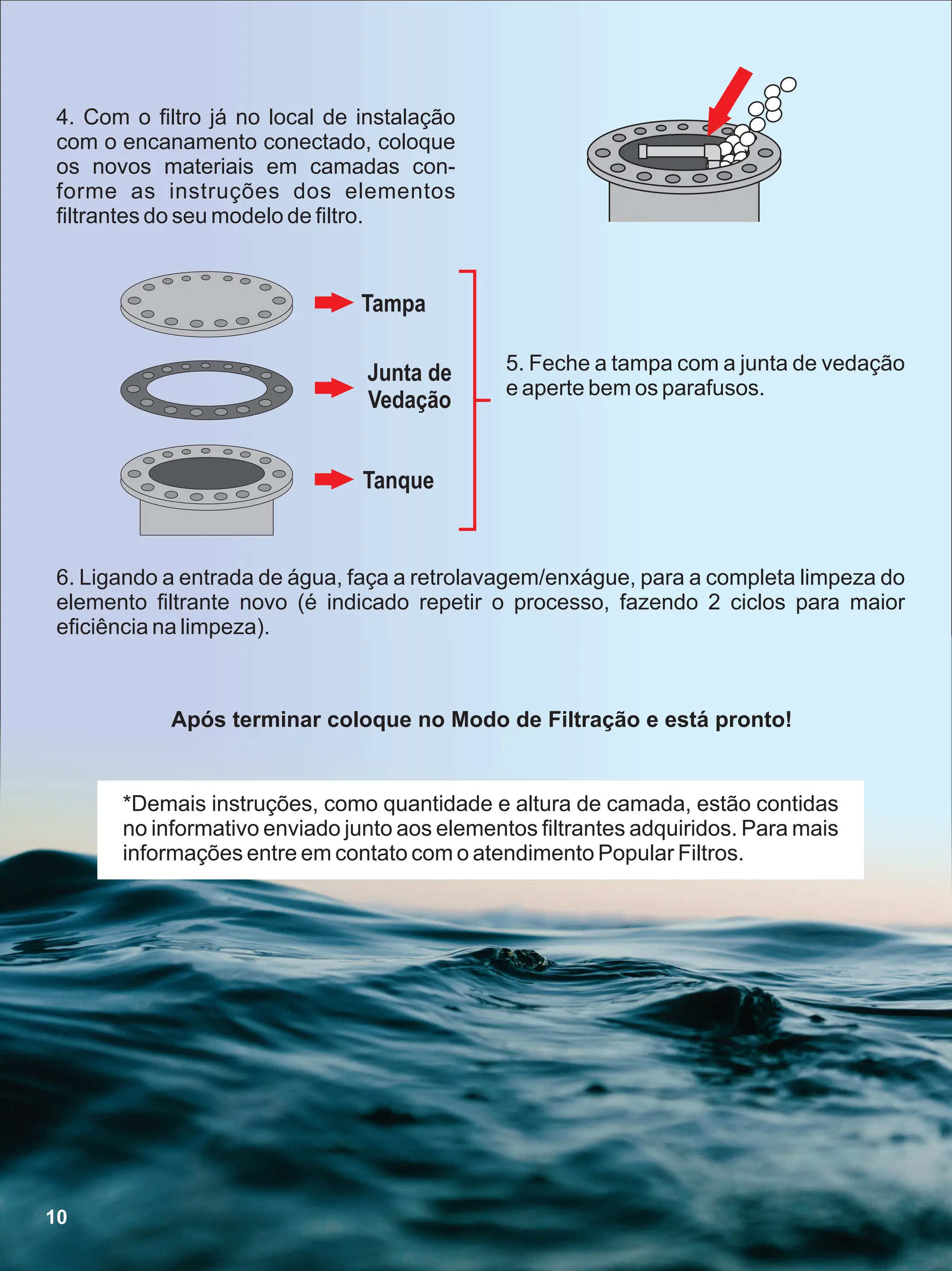 Tampa
Tanque
Junta de
Vedação
4. Com o ﬁltro já no local de instalação
com o encanamento conectado, coloque
os novos materiais em camadas con-
forme as instruções dos elementos
ﬁltrantes do seu modelo de ﬁltro.
5. Feche a tampa com a junta de vedação
e aperte bem os parafusos.
6. Ligando a entrada de água, faça a retrolavagem/enxágue, para a completa limpeza do
elemento ﬁltrante novo (é indicado repetir o processo, fazendo 2 ciclos para maior
eﬁciência na limpeza).
Após terminar coloque no Modo de Filtração e está pronto!
*Demais instruções, como quantidade e altura de camada, estão contidas
no informativo enviado junto aos elementos ﬁltrantes adquiridos. Para mais
informações entre em contato com o atendimento Popular Filtros.
10
 