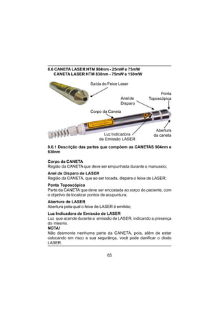 65
8.6 CANETA LASER HTM 904nm - 25mW e 75mW
CANETA LASER HTM 830nm - 75mW e 150mW
8.6.1 Descrição das partes que compõem as CANETAS 904nm e
830nm
Corpo da CANETA
Região da CANETA que deve ser empunhada durante o manuseio;
Anel de Disparo de LASER
Região da CANETA, que ao ser tocada, dispara o feixe de LASER;
Ponta Toposcópica
Parte da CANETA que deve ser encostada ao corpo do paciente, com
o objetivo de localizar pontos de acupuntura;
Abertura de LASER
Abertura pela qual o feixe de LASER é emitido;
Luz Indicadora de Emissão de LASER
Luz que acende durante a emissão de LASER, indicando a presença
do mesmo.
NOTA!
Não desmonte nenhuma parte da CANETA, pois, além de estar
colocando em risco a sua segurânça, você pode danificar o diodo
LASER.
Corpo da Caneta
Anel de
Disparo
Ponta
Toposcópica
Abertura
da canetaLuz Indicadora
de Emissão LASER
Saída do Feixe Laser
 