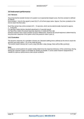 BRONKHORST®
page 20 9.17.001
3.6 Instrument performance
3.6.1 Sensors
Assuming that the transfer function of a system is an exponential shaped curve, the time constant is defined
as follows:
time constant = time for the signal to reach 63.2 % of its final output value. Approx. five time constants is the
time to reach the final value.
Each flow sensor has a time constant of 5…10 seconds, which can be electronically improved to approx.
1…3 seconds.
For gas flow meters factory standard adjustment is 3 seconds typical.
For liquid flow meters the actual response depends on model and flow rate.
Pressure sensors have a time constant of some milliseconds. However the actual response is determined by
the pneumatic response of the system which the pressure meter is part of.
3.6.2 Controllers
The dynamic response of a controller is factory set. Standard settling time is defined as the time to reach the
set point (and stay) within  2% of the initial set point.
The control mode is factory set in such a way that after a step change, there will be little overshoot.
Note:
In pressure control systems the system widely determines the response behaviour of the control loop. During
testing the customer system is simulated as closely as possible. In some cases however readjustment is
needed for optimum performance under actual conditions.
SwansonFlo.com | 888.959.4610
 