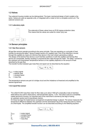BRONKHORST®
page 8 9.17.001
1.3 Valves
Two solenoid housing models can be distinguished. The basic mechanical design of both models is the
same. Valves are used as separate units, or integrated with a meter to form a complete control unit. The
solenoid versions are:
1.3.1 Laboratory style
The solenoids of these valves have an IP-50 ingress protection class.
This means that the valves are suited for indoor (dry) use.
1.4 Sensor principles
1.4.1 Gas flow sensors
All gas flow sensors operate according to the same principle. They are operating on a principle of heat
transfer by sensing the delta-T along a heated section of a capillary tube. Part of the total flow is forced
through the capillary by means of a laminar flow device in the main stream generating a delta-p.
The design of the laminar flow device is such that flow conditions in both the capillary and laminar flow
device are comparable, thereby resulting in proportional flow rates through the meter. The delta-T sensed by
the upstream and downstream temperature sensors on the capillary depends on the amount of heat
absorbed by the gas flow.
The transfer function between gas mass flow and signal can be described by the equation:
V K csignal p m   
Vsignal = output signal
cp = specific heat
K = constant factor
m = mass flow
The temperature sensors are part of a bridge circuit and the imbalance is linearized and amplified to the
desired signal level.
1.4.2 Liquid flow sensor
- The LIQUI-FLOW mass flow meter for flow rates up to about 1000 g/h is basically a tube of stainless
steel without any built-in obstructions, internal diameter approx. 1 mm. This tube is part of a completely
casted aluminium housing. An important part of the instrument is formed by two legs of tubing;
an upstream section and a downstream section.
On these two legs the heater/sensor arrangement of patented design is placed. The sensor measures the
temperature difference between the upstream and the downstream leg of the measuring tube by means
of a thermopile. The simplified transfer function can be described according to the following equation:
Vsignal = mpcK 
Vsignal = output signal
K = constant factor
cp = specific heat
m = mass flow
SwansonFlo.com | 888.959.4610
 