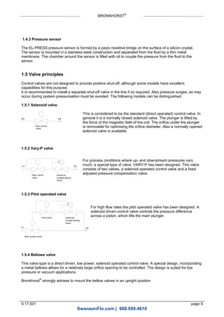 BRONKHORST®
9.17.001 page 9
flow control
valve
flow control
valve
pressure
compensating
valve
P2P1
P1
pilot valve pressure
compensating
valve
P2
flow control valve
1.4.3 Pressure sensor
The EL-PRESS pressure sensor is formed by a piezo resistive bridge on the surface of a silicon crystal.
The sensor is mounted in a stainless steel construction and separated from the fluid by a thin metal
membrane. The chamber around the sensor is filled with oil to couple the pressure from the fluid to the
sensor.
1.5 Valve principles
Control valves are not designed to provide positive shut-off, although some models have excellent
capabilities for this purpose.
It is recommended to install a separate shut-off valve in the line if so required. Also pressure surges, as may
occur during system pressurisation must be avoided. The following models can be distinguished:
1.5.1 Solenoid valve
This is considered to be the standard (direct operated) control valve. In
general it is a normally closed solenoid valve. The plunger is lifted by
the force of the magnetic field of the coil. The orifice under the plunger
is removable for optimising the orifice diameter. Also a normally opened
solenoid valve is available.
1.5.2 Vary-P valve
For process conditions where up- and downstream pressures vary
much, a special type of valve, VARY-P has been designed. This valve
consists of two valves, a solenoid operated control valve and a fixed
adjusted pressure compensation valve.
1.5.3 Pilot operated valve
For high flow rates the pilot operated valve has been designed. A
solenoid driven control valve controls the pressure difference
across a piston, which lifts the main plunger.
1.5.4 Bellows valve
This valve type is a direct driven, low power, solenoid operated control valve. A special design, incorporating
a metal bellows allows for a relatively large orifice opening to be controlled. The design is suited for low
pressure or vacuum applications.
Bronkhorst
®
strongly advises to mount the bellow valves in an upright position
SwansonFlo.com | 888.959.4610
 