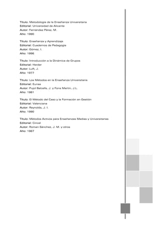 Título: Metodología de la Enseñanza Universitaria
Editorial: Universidad de Alicante
Autor: Fernández Pérez, M.
Año: 1990
Título: Enseñanza y Aprendizaje
Editorial: Cuadernos de Pedagogía
Autor: Gómez, I.
Año: 1996
Título: Introducción a la Dinámica de Grupos
Editorial: Herder
Autor: Luft, J.
Año: 1977
Título: Los Métodos en la Enseñanza Universitaria
Editorial: Eunsa
Autor: Pujol Balcells, J. y Fons Martín, J.L.
Año: 1981
Título: El Método del Caso y la Formación en Gestión
Editorial: Valenciana
Autor: Reynolds, J. I.
Año: 1990
Título: Métodos Activos para Enseñanzas Medias y Universitarias
Editorial: Cincel
Autor: Roman Sánchez, J. M. y otros
Año: 1987
 