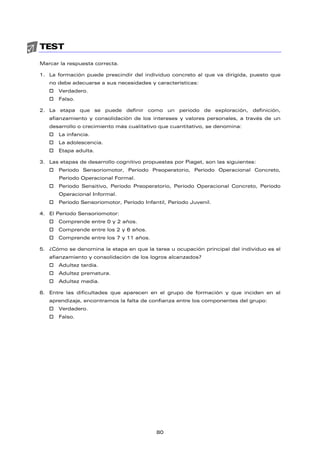TEST
Marcar la respuesta correcta.
1. La formación puede prescindir del individuo concreto al que va dirigida, puesto que
no debe adecuarse a sus necesidades y características:
† Verdadero.
† Falso.
2. La etapa que se puede definir como un periodo de exploración, definición,
afianzamiento y consolidación de los intereses y valores personales, a través de un
desarrollo o crecimiento más cualitativo que cuantitativo, se denomina:
† La infancia.
† La adolescencia.
† Etapa adulta.
3. Las etapas de desarrollo cognitivo propuestas por Piaget, son las siguientes:
† Período Sensoriomotor, Período Preoperatorio, Período Operacional Concreto,
Período Operacional Formal.
† Período Sensitivo, Período Preoperatorio, Período Operacional Concreto, Período
Operacional Informal.
† Período Sensoriomotor, Período Infantil, Período Juvenil.
4. El Período Sensoriomotor:
† Comprende entre 0 y 2 años.
† Comprende entre los 2 y 6 años.
† Comprende entre los 7 y 11 años.
5. ¿Cómo se denomina la etapa en que la tarea u ocupación principal del individuo es el
afianzamiento y consolidación de los logros alcanzados?
† Adultez tardía.
† Adultez prematura.
† Adultez media.
6. Entre las dificultades que aparecen en el grupo de formación y que inciden en el
aprendizaje, encontramos la falta de confianza entre los componentes del grupo:
† Verdadero.
† Falso.
80
 
