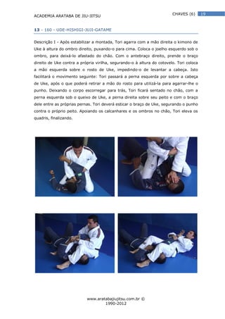 ACADEMIA ARATABA DE JIU-JITSU
www.aratabajiujitsu.com.br ©
1990-2012
19CHAVES (6)
13 - 160 - UDE-HISHIGI-JUJI-GATAME
Descrição I - Após estabilizar a montada, Tori agarra com a mão direita o kimono de
Uke à altura do ombro direito, puxando-o para cima. Coloca o joelho esquerdo sob o
ombro, para deixá-lo afastado do chão. Com o antebraço direito, prende o braço
direito de Uke contra a própria virilha, segurando-o à altura do cotovelo. Tori coloca
a mão esquerda sobre o rosto de Uke, impedindo-o de levantar a cabeça. Isto
facilitará o movimento seguinte: Tori passará a perna esquerda por sobre a cabeça
de Uke, após o que poderá retirar a mão do rosto para utilizá-la para agarrar-lhe o
punho. Deixando o corpo escorregar para trás, Tori ficará sentado no chão, com a
perna esquerda sob o queixo de Uke, a perna direita sobre seu peito e com o braço
dele entre as próprias pernas. Tori deverá esticar o braço de Uke, segurando o punho
contra o próprio peito. Apoiando os calcanhares e os ombros no chão, Tori eleva os
quadris, finalizando.
 