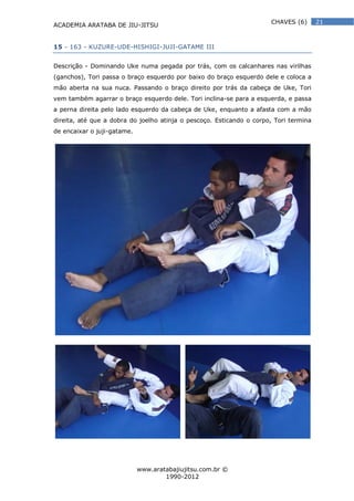 ACADEMIA ARATABA DE JIU-JITSU
www.aratabajiujitsu.com.br ©
1990-2012
21CHAVES (6)
15 - 163 - KUZURE-UDE-HISHIGI-JUJI-GATAME III
Descrição - Dominando Uke numa pegada por trás, com os calcanhares nas virilhas
(ganchos), Tori passa o braço esquerdo por baixo do braço esquerdo dele e coloca a
mão aberta na sua nuca. Passando o braço direito por trás da cabeça de Uke, Tori
vem também agarrar o braço esquerdo dele. Tori inclina-se para a esquerda, e passa
a perna direita pelo lado esquerdo da cabeça de Uke, enquanto a afasta com a mão
direita, até que a dobra do joelho atinja o pescoço. Esticando o corpo, Tori termina
de encaixar o juji-gatame.
 