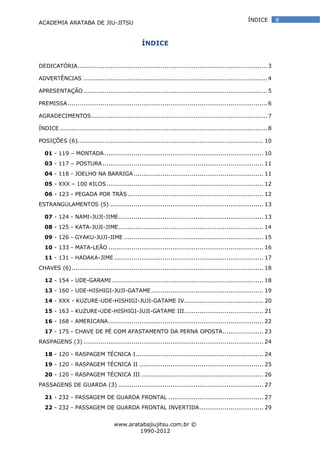 ACADEMIA ARATABA DE JIU-JITSU
www.aratabajiujitsu.com.br ©
1990-2012
8ÍNDICE
ÍNDICE
DEDICATÓRIA.................................................................................................. 3
ADVERTÊNCIAS ............................................................................................... 4
APRESENTAÇÃO............................................................................................... 5
PREMISSA....................................................................................................... 6
AGRADECIMENTOS........................................................................................... 7
ÍNDICE ........................................................................................................... 8
POSIÇÕES (6)................................................................................................ 10
01 - 119 – MONTADA .................................................................................. 10
03 - 117 – POSTURA................................................................................... 11
04 - 118 - JOELHO NA BARRIGA................................................................... 11
05 - XXX – 100 KILOS................................................................................. 12
06 - 123 - PEGADA POR TRÁS ...................................................................... 12
ESTRANGULAMENTOS (5) ............................................................................... 13
07 - 124 - NAMI-JUJI-JIME........................................................................... 13
08 - 125 - KATA-JUJI-JIME........................................................................... 14
09 - 126 - GYAKU-JUJI-JIME ........................................................................ 15
10 - 133 - MATA-LEÃO ................................................................................ 16
11 - 131 - HADAKA-JIME ............................................................................. 17
CHAVES (6)................................................................................................... 18
12 - 154 - UDE-GARAMI .............................................................................. 18
13 - 160 - UDE-HISHIGI-JUJI-GATAME.......................................................... 19
14 - XXX - KUZURE-UDE-HISHIGI-JUJI-GATAME IV......................................... 20
15 - 163 - KUZURE-UDE-HISHIGI-JUJI-GATAME III......................................... 21
16 - 168 - AMERICANA................................................................................ 22
17 - 175 - CHAVE DE PÉ COM AFASTAMENTO DA PERNA OPOSTA..................... 23
RASPAGENS (3) ............................................................................................. 24
18 - 120 - RASPAGEM TÉCNICA I.................................................................. 24
19 - 120 - RASPAGEM TÉCNICA II ................................................................ 25
20 - 120 - RASPAGEM TÉCNICA III ............................................................... 26
PASSAGENS DE GUARDA (3) ........................................................................... 27
21 - 232 - PASSAGEM DE GUARDA FRONTAL ................................................. 27
22 - 232 - PASSAGEM DE GUARDA FRONTAL INVERTIDA................................. 29
 