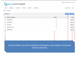 EDITAR, INSERIR, DELETAR E ORDENAR CATEGORIAS. SELECIONAR A CATEGORIA
                            ANTES DE DELETAR.
 