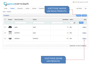 VOCÊ PODE INSERIR
  UM NOVO PRODUTO.




VOCÊ PODE EDITAR
  UM PRODUTO.
 