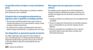 O aparelho emite um bipe e o ícone de bateria                Mensagens de erro aparecem ao iniciar a
pisca.                                                       câmera
Sua bateria está fraca. Recarregue ou substitua a bateria    Seu telefone possui espaço de memória disponível e
para continuar a usar o telefone.                            energia de bateria suficiente para operar a câmera. Ao
                                                             receber mensagens de erro ao iniciar a câmera, tente o
A bateria não é carregada corretamente ou                    seguinte:
algumas vezes o aparelho se desliga sozinho.                 •	 Carregue a bateria ou substitua por uma completamente
•	 Os terminais da bateria podem estar sujos. Limpe os        carregada
   contatos dourados com um pano limpo e macio, e tente      •	 Deixe um espaço de memória livre ao transferir arquivos
   carregar a bateria novamente.                                para o computador ou ao remover arquivos de seu
•	 Se a bateria não carregar completamente, descarte a          telefone.
   bateria antiga corretamente e a substitua por uma nova.   •	 Reinicie o aparelho Se os problemas com a câmera
                                                                persistirem após tentar estas dicas, contate uma
Seu dispositivo se apresenta quente ao tocá-lo                  Autorizada Samsung.
Ao utilizar aplicações que requerem mais energia ou
usar uma aplicação por um longo período de tempo, seu
dispositivo pode parecer quente ao tocar. Isto é normal
e não deve afetar a vida útil ou desempenho de seu
dispositivo.

108 Solução de problemas
 