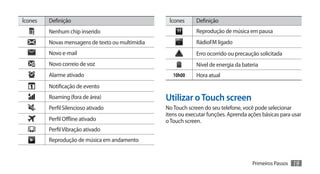 Ícones   Definição                                 Ícones      Definição
         Nenhum chip inserido                                  Reprodução de música em pausa
         Novas mensagens de texto ou multimídia                RádioFM ligado
         Novo e-mail                                           Erro ocorrido ou precaução solicitada
         Novo correio de voz                                   Nível de energia da bateria
         Alarme ativado                              10h00     Hora atual
         Notificação de evento
         Roaming (fora de área)                   Utilizar o Touch screen
         Perfil Silencioso ativado                No Touch screen do seu telefone, você pode selecionar
                                                  itens ou executar funções. Aprenda ações básicas para usar
         Perfil Offline ativado                   o Touch screen.
         Perfil Vibração ativado
         Reprodução de música em andamento


                                                                                       Primeiros Passos   19
 