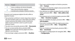 Número     Função                                            •	 Para ir para a próxima página no histórico, pressione
                                                                [   ] → Avançar.
    1       Insira o endereço da internet desejado.           •	 Para salvar como favorito a página atual, pressione [    ]
            Abre a lista de favoritos, páginas                  → Adicionar aos Favoritos.
    2
            recentemente visitadas e histórico recente.       •	 Para adicionar um atalho da página favorita ao tela de
                                                                 Espera, pressione [ ] → Mais → Adic. atalho à tela
Enquanto você navega por páginas da web, utilize as              inicial.
seguintes funções:                                            •	 Para pesquisar por um texto da página, pressione [ ]
•	 Para aumentar ou diminuir o zoom, toque duas vezes na         → Mais → Encontrar na página.
   tela. Você também pode usar os dois dedos para definir     •	 Para ver os detalhes da página, pressione [ ] → Mais →
   o zoom; posicione dois dedos na tela e lentamente             Info da página.
   afaste-os para aumentar o zoom ou junte-os para            •	 Para enviar o endereço (URL) das páginas para outras
   diminuir o zoom.                                              pessoas, pressione [ ] → Mais → Compartilhar
•	 Para abrir uma nova janela, pressione [ ] → Nova janela.      página.
•	 Para ver as atuais janelas ativas, pressione [ ] →         •	 Para ver o histórico de downloads, pressione [ ] →
   Janelas. Você pode abrir diversas páginas da web e            Mais → Downloads.
   alternar o uso entre elas.                                 •	 Para definir as configurações do navegador [ ] → Mais
•	 Para recarregar a página, pressione [ ] → Atualizar.          → Configurações.



70 Internet
 
